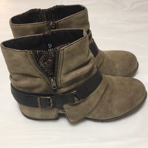 Tan anklet boot with buckle and zipper detail